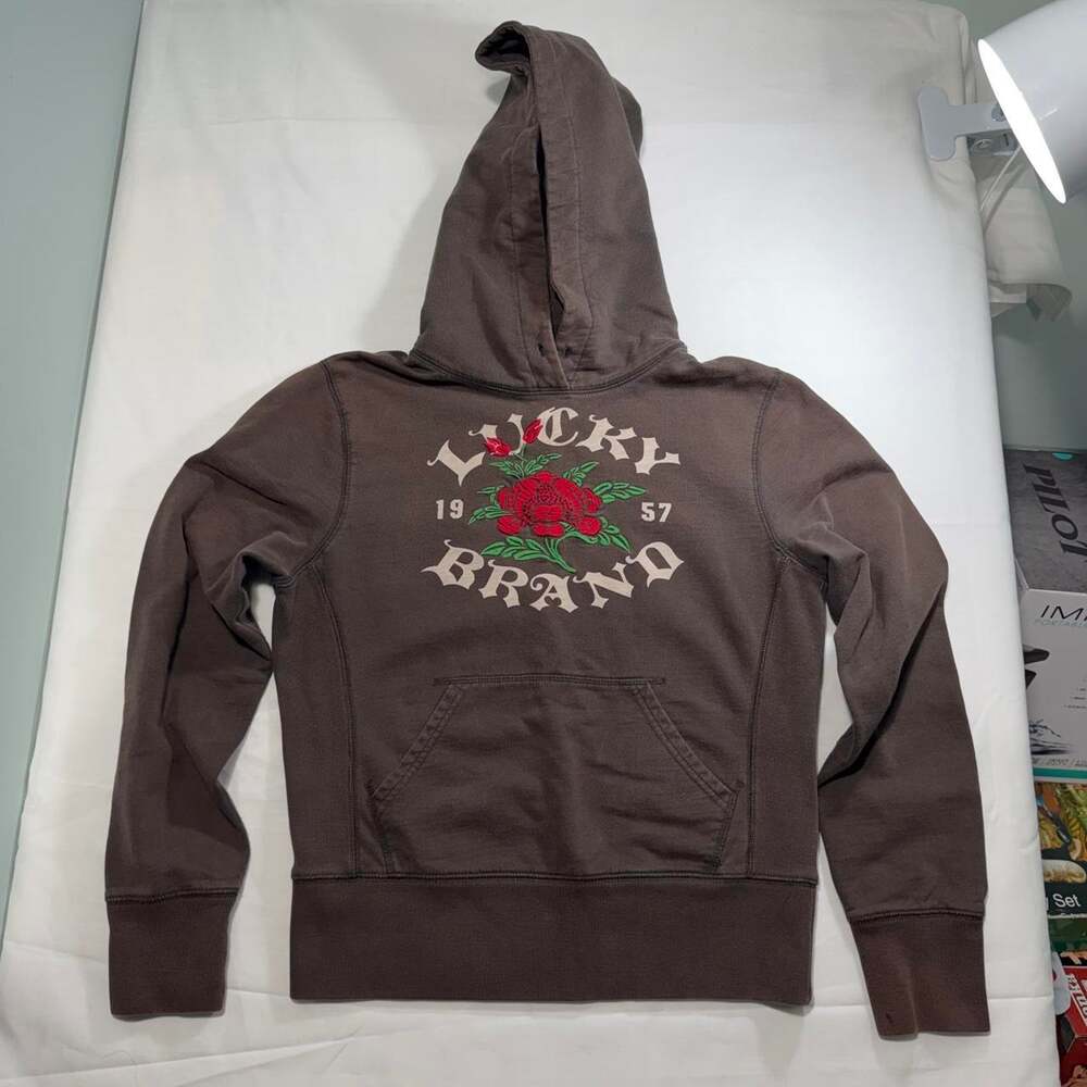 Lucky Brand Hoodie Womens S Brown Rose 1957 Tattoo Vintage Y2K Embroidered